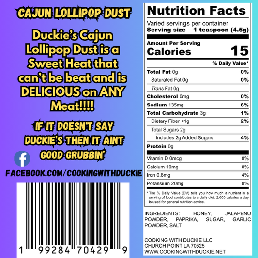 Nutrition label and promotional text for Duckie's Cajun Lollipop Dust on a blue background
